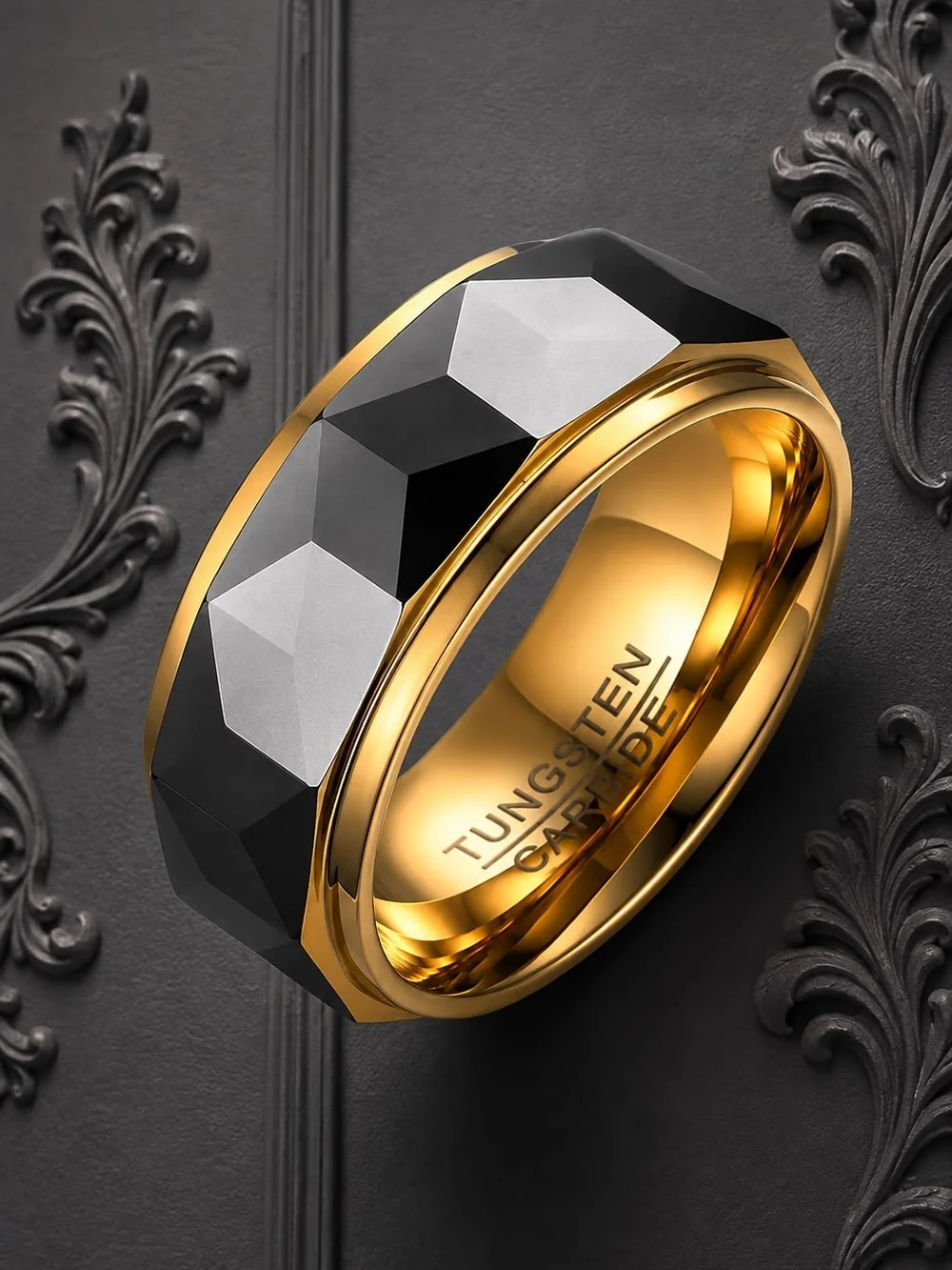 Tungsten Carbide Black & Gold Faceted Men's Ring